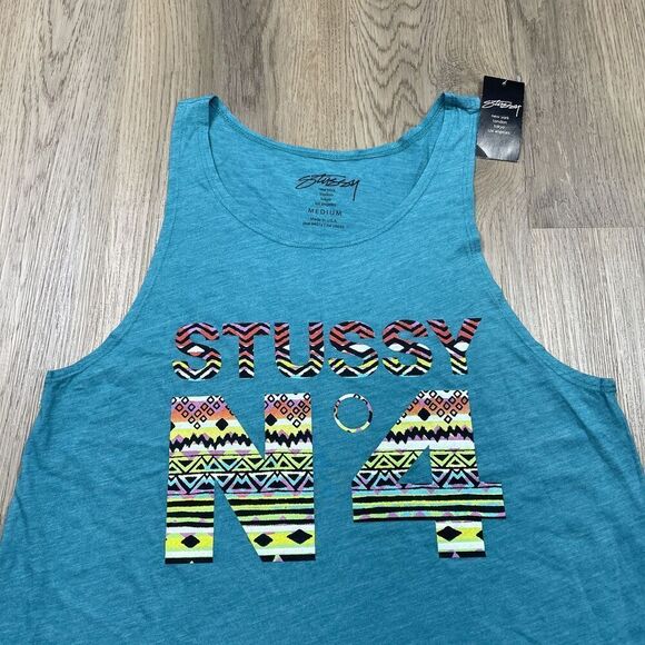 Stussy Shirt Womens Medium Blue Tank Top N4 Graphic Aztec Print Made USA New - Picture 2 of 9